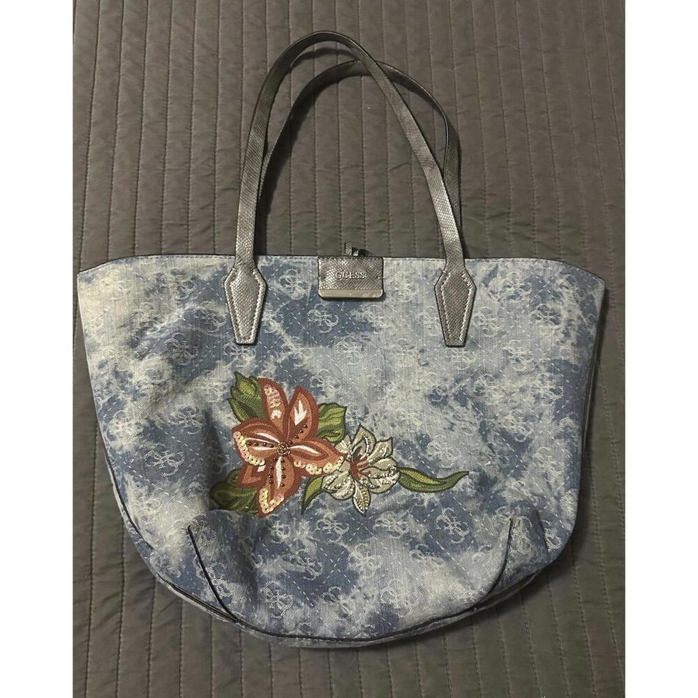 GUESS bobbi Logo Denim Embroidered Inside Out Travel Tote Bag Handbag Reversible